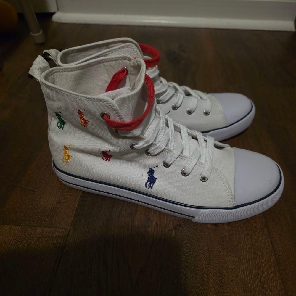 NWT-Polo Ralph Lauren White High-Top Sneakers with Multicolor Embroidery - Picture 8 of 16